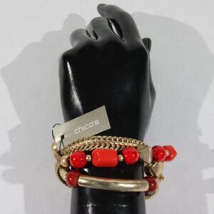 NWT 3 Chico's Gold Tone and Orange Beaded Stretch Bracelets